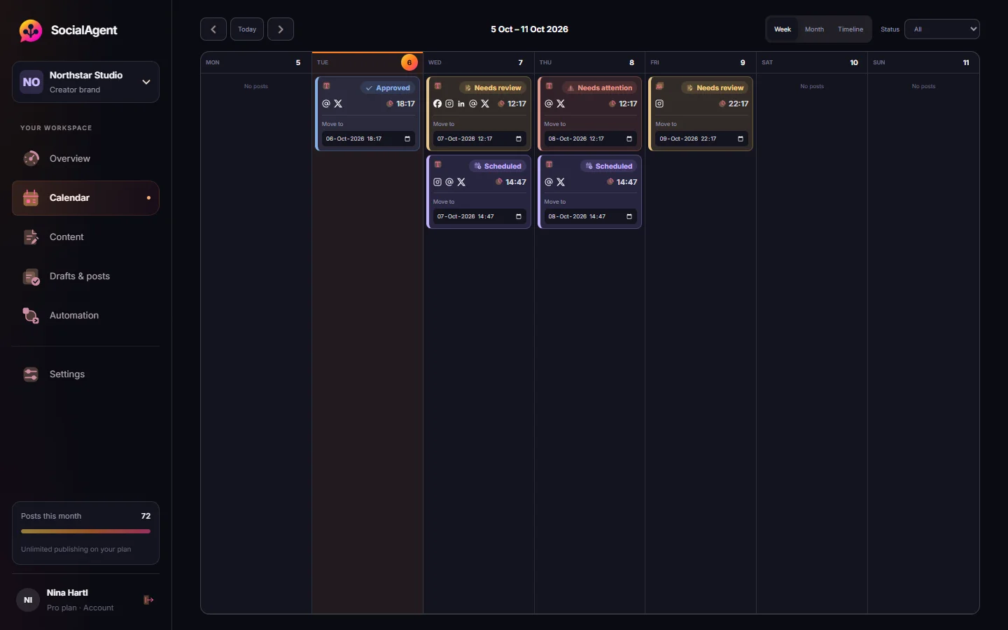 SocialAgent weekly calendar with Northstar Studio drafts, approved and scheduled posts, channel icons and publishing times
