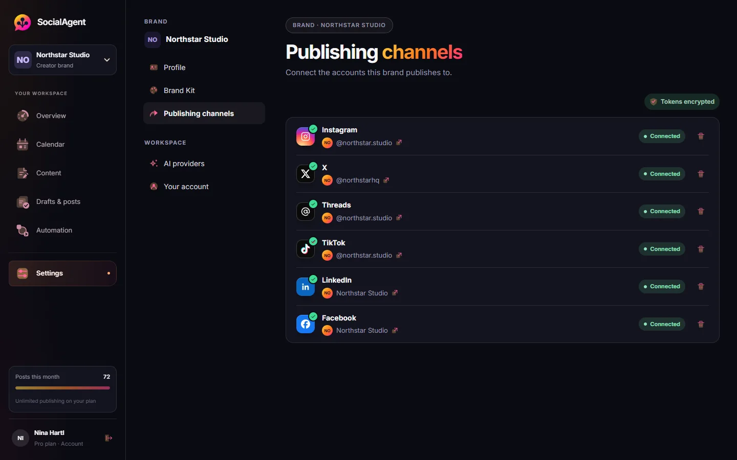 SocialAgent publishing channels with Instagram, Threads, X, TikTok, LinkedIn and Facebook connections for Northstar Studio