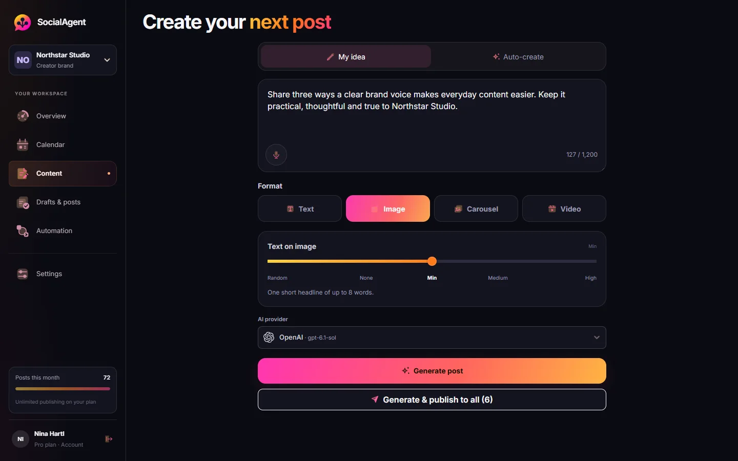 SocialAgent content studio with an idea, text, image, carousel and video formats, image text controls and a choice of AI provider