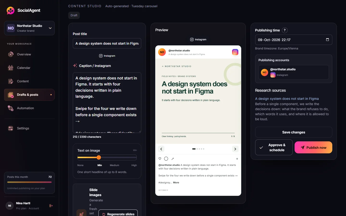 A five-slide Northstar Studio carousel with finished artwork and a platform preview in SocialAgent