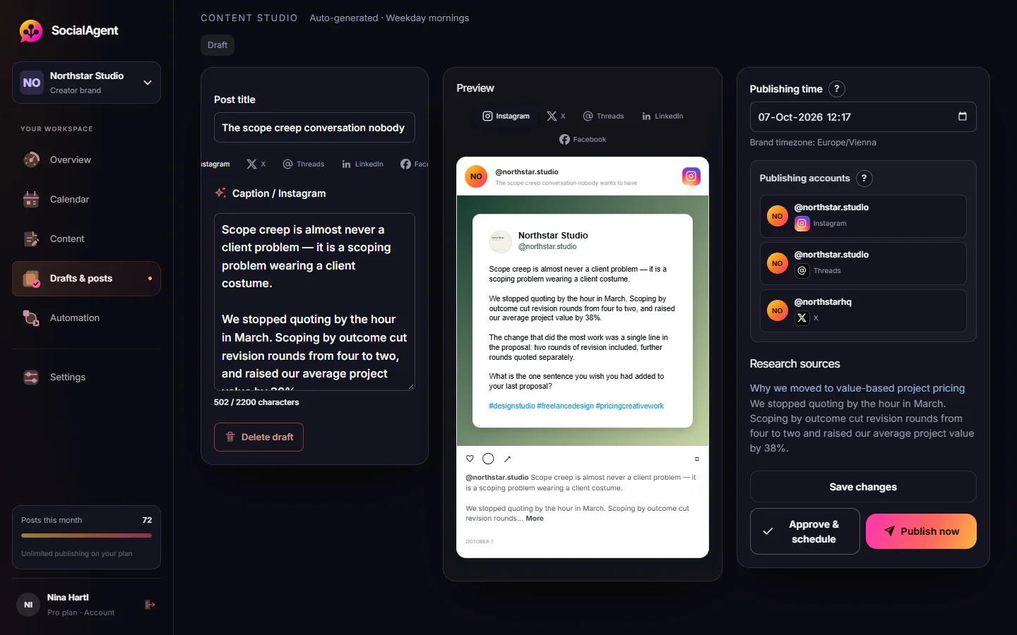SocialAgent draft review with platform captions, a channel preview, sources and publishing destinations