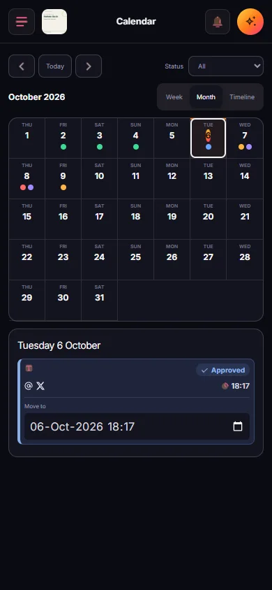 SocialAgent phone calendar showing the month and posts for a selected day