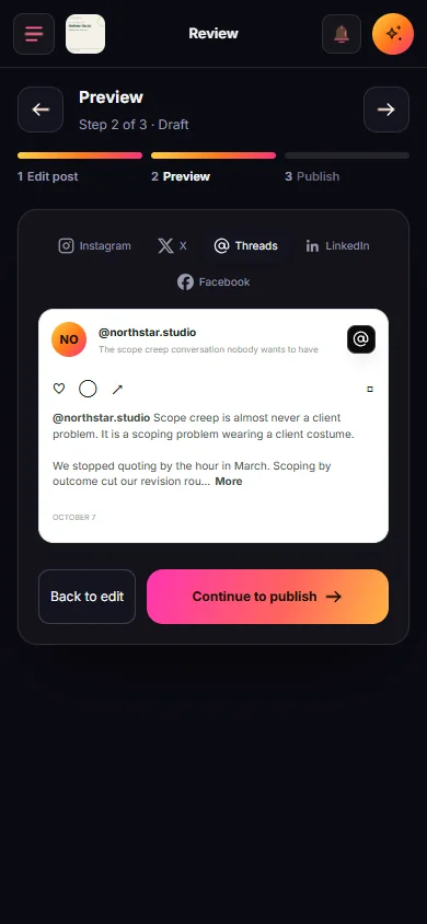 SocialAgent phone review screen with Edit, Preview and Publish steps and a platform-specific post preview