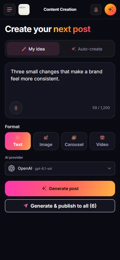 SocialAgent content studio on a phone with an idea and creation controls