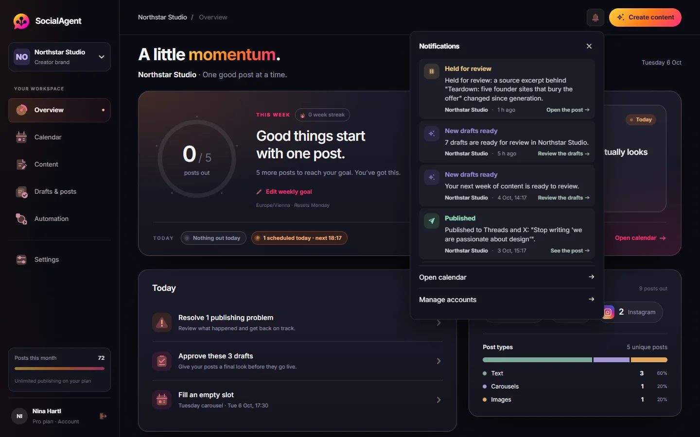 SocialAgent notifications showing a ready batch and a post held because its source changed