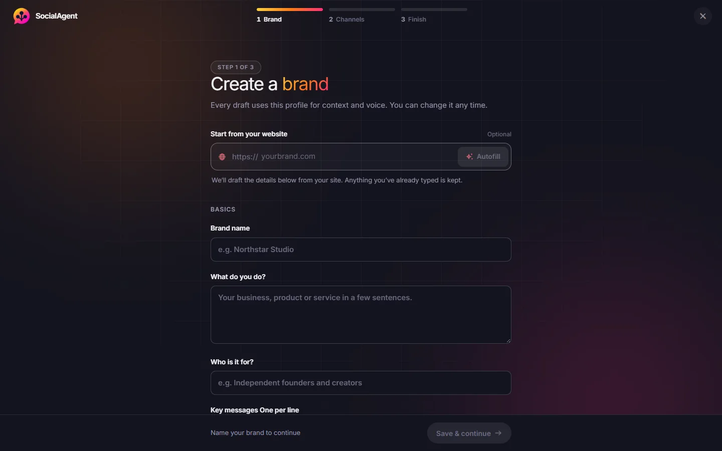 SocialAgent brand setup with website autofill, brand name, audience and language fields